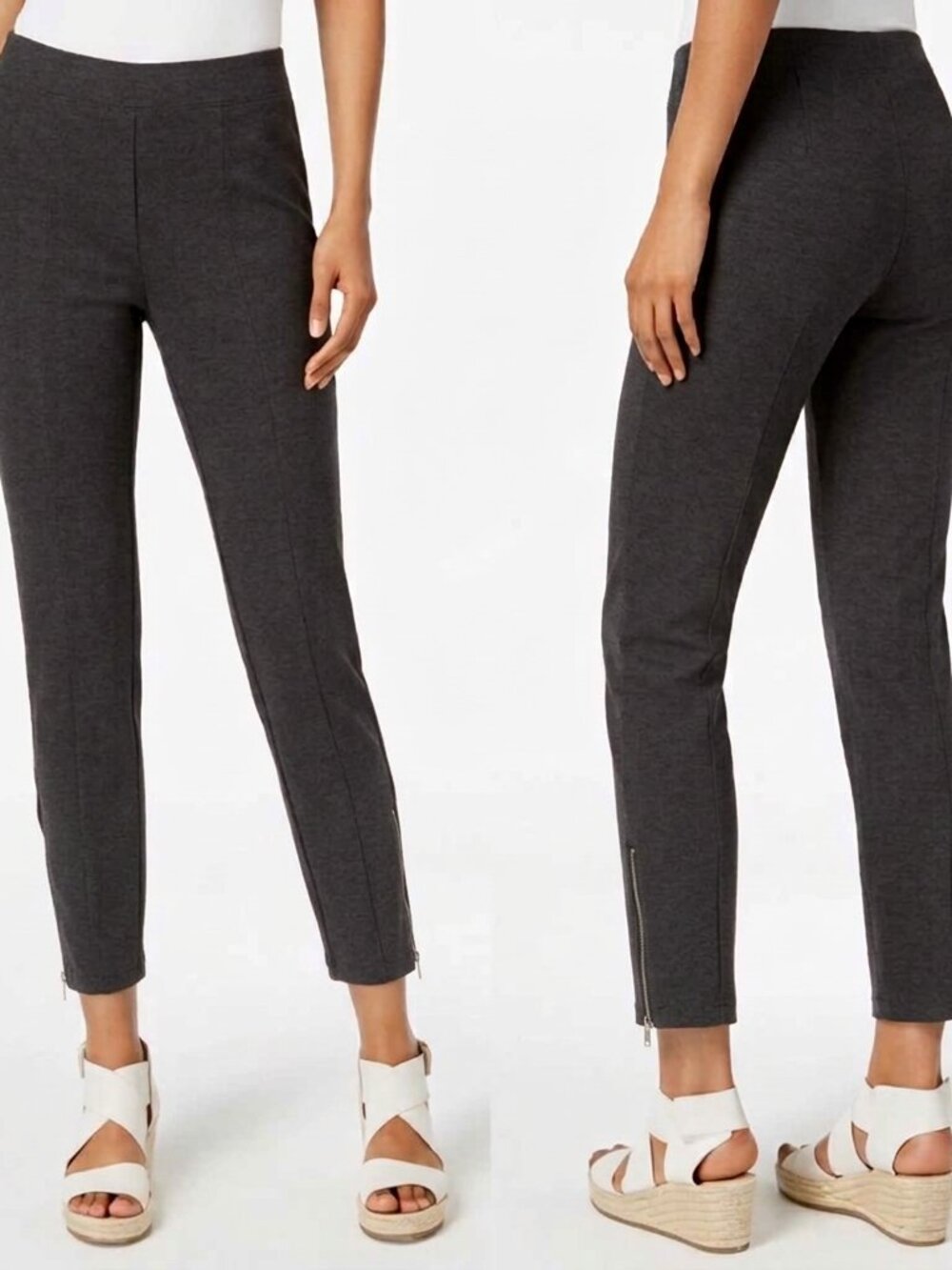 Eileen Fisher NWOT Ponte Knit Slim Zip Ankle Pants Pull On Size L Charcoal Gray